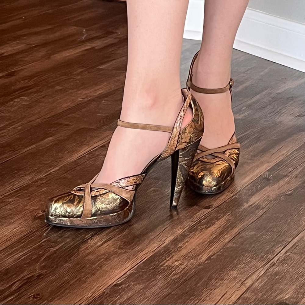 Miu Miu Brocade Cone Heels with Snakeskin Accents and Suede Ankle Straps